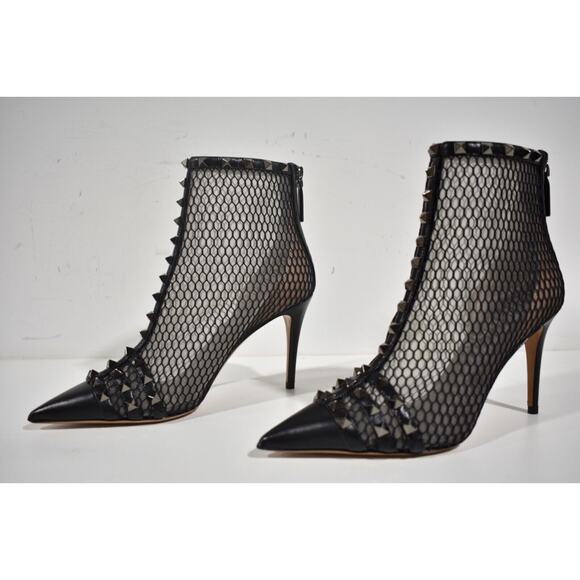 Valentino Rockstud Black Mesh Leather Stud Heel Pointed Toe Ankle Boot Bootie 37 - Picture 10 of 12